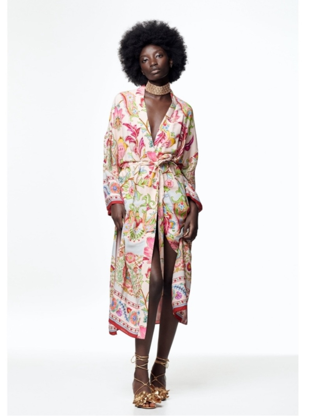 Zara Pink Floral Print Long Tie-Waist Kimono Size Small EUC